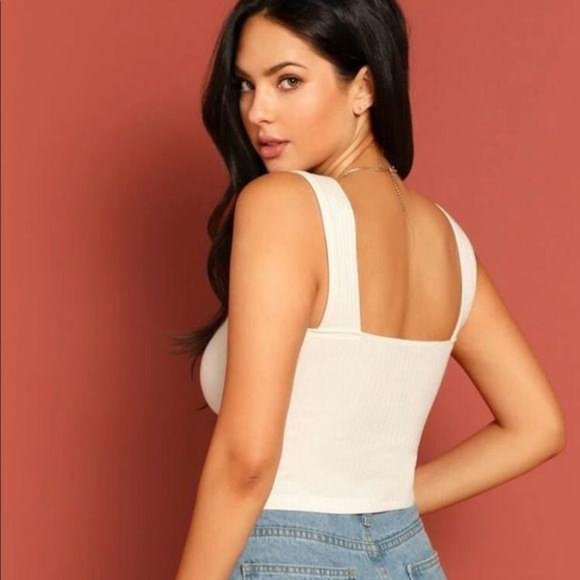 Trendy white ribbed square neck crop top tank - Picture 3 of 5